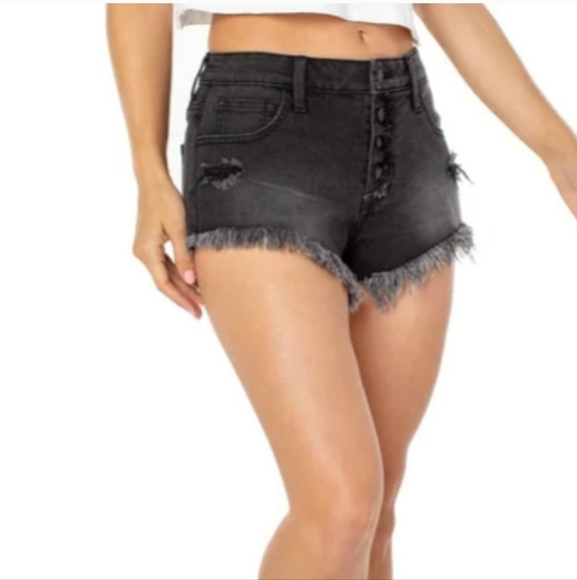 CELEBRITY PINK Exposed Button Mid Rise Jean Shorts In Washed Black. Size 28 NWT - Picture 3 of 12